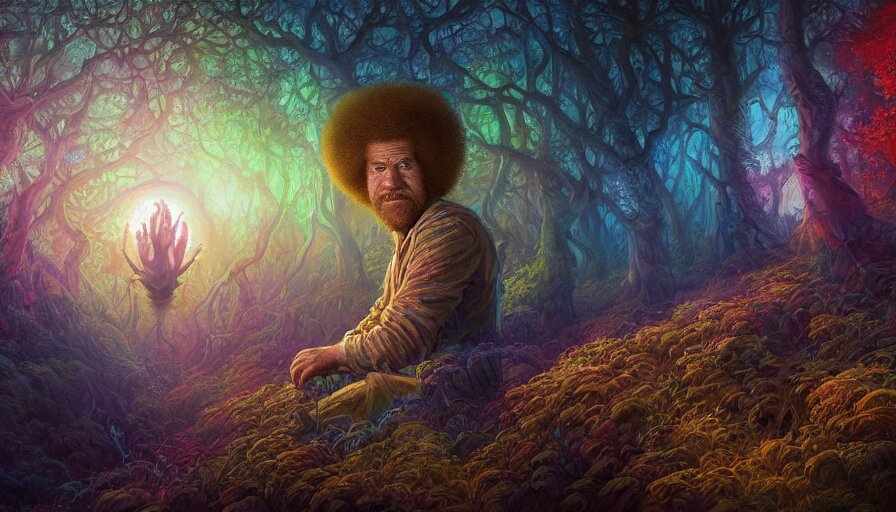 bob ross on a psychedelic trip with an open mouth and glowing eyes, staring, close - up, deep focus, extremely detailed digital painting, vibrant colors, in the style of tomasz alen kopera and fenghua zhong and peter mohrbacher, mystical colors, rim light, beautiful lighting, 8 k, stunning scene, raytracing, octane, trending on artstation 