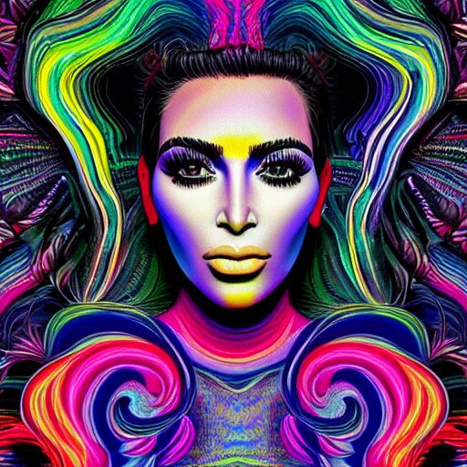 an extremely psychedelic portrait of kim kardashian, surreal, lsd, face, detailed, intricate, elegant, lithe, highly detailed, digital oth, sharp focus, illustration, 