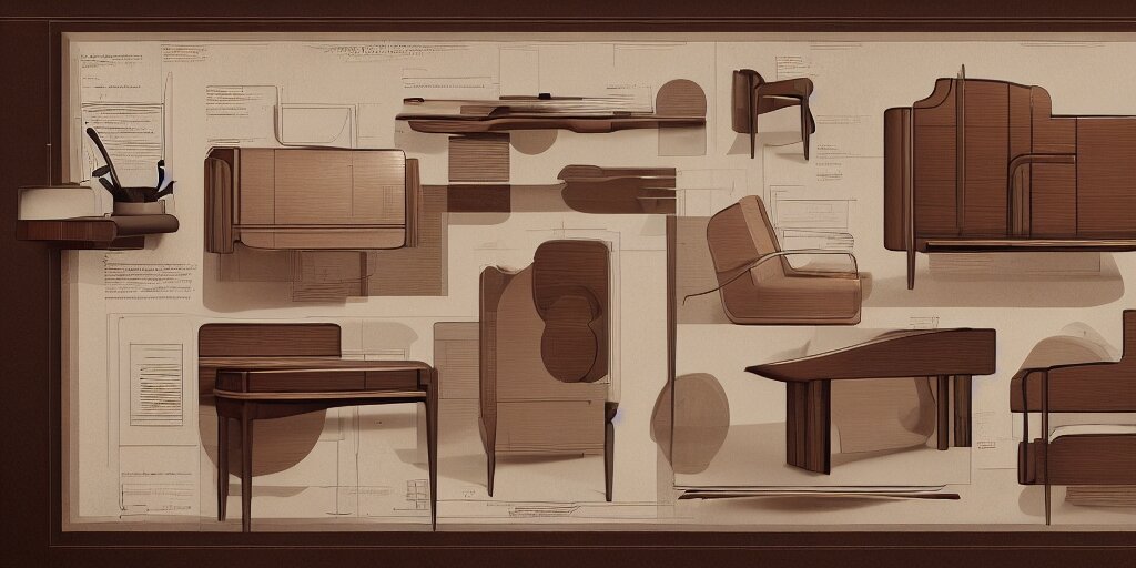 furniture design art deco, design sheet, Moebius, Greg Rutkowski, Zabrocki, Karlkka, Jayison Devadas, Phuoc Quan, trending on Artstation, 8K, ultra wide angle, zenith view, pincushion lens effect