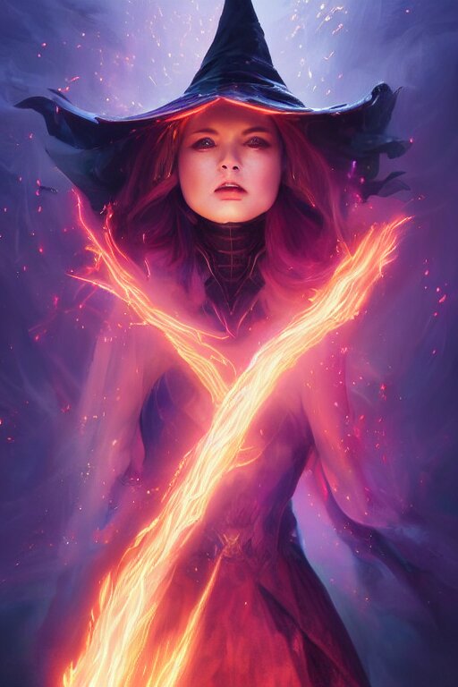 a fancy portrait of a beautiful dark magician girl with a large witches hat covered in colourfull flames by Greg Rutkowski, Sung Choi, Mitchell Mohrhauser, Maciej Kuciara, Johnson Ting, Maxim Verehin, Peter Konig, final fantasy , mythical, 8k photorealistic, cinematic lighting, HD, high details, atmospheric,