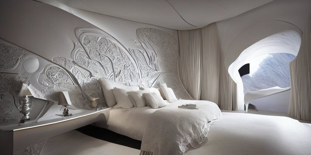 a cozy bedroom decorated by Zaha Hadid, detailed, high resolution, wow!, intricate