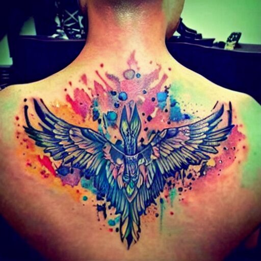 a picture of my new back tattoo of a muscular back, bright colorful ink 