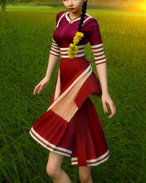 render as a very beautiful daz 3d anime aiko girl, wearing assamese bihu mekhela sador gamosa dress, long braided black hair, hazel eyes, full round face, short smile, assam tea garden setting, cinematic lighting, medium shot, mid-shot, highly detailed, trending on Artstation, Unreal Engine 4k, daz studio genesis iray ultra hd, cinematic wallpaper by Stanley Artgerm Lau, anime masterpiece,