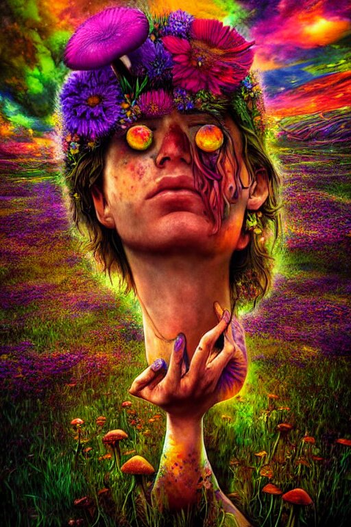 hyperrealistic portrait of melting hippies - epic cinematic mushrooms with psychedelic field of flowers, highly detailed smooth digital art masterpiece, pablo amaringo dramatic low light, ground angle uhd 8 k, sharp focus 