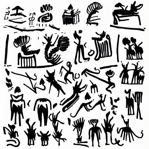 black and white composition of a variety of doodles, drawings, faces, symbols, cartoons, lineart, cave drawing, silhouette, tattoo, chinese ink brush 