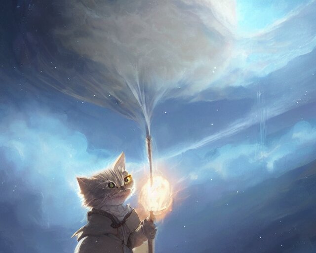 one cartoonish kitty dressed as Gandalf floating alone in space, bright stars, anime, a fantasy digital painting by Greg Rutkowski and James Gurney, trending on Artstation, highly detailed