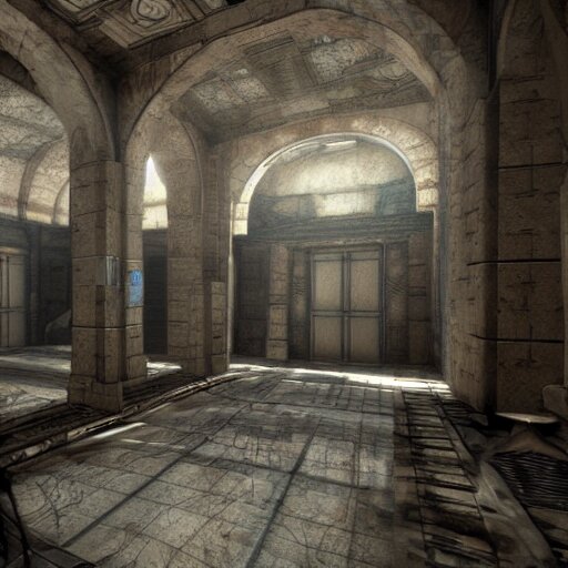 interior mazelike architecture from quake, lovecraftian, liminal space, moody lighting, unreal engine 5, hyper detailed, hyper realistic 