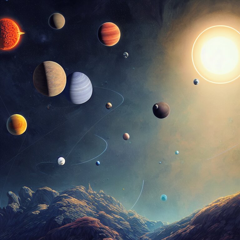 a solar system with planets and asteroids, intricate artwork by Tooth Wu and wlop and beeple, greg rutkowski, very coherent symmetrical artwork, cinematic, hyper realism, high detail, octane render, unreal engine, 8k, Vibrant colors, Smooth gradients, High contrast, depth of field by Jacek Yerka, Mariusz Lewandowski, Houdini algorithmic generative render, Abstract brush strokes, Masterpiece, Edward Hopper and James Gilleard, Zdzislaw Beksinski, Mark Ryden, Wolfgang Lettl, hints of Yayoi Kasuma, octane render, 8k