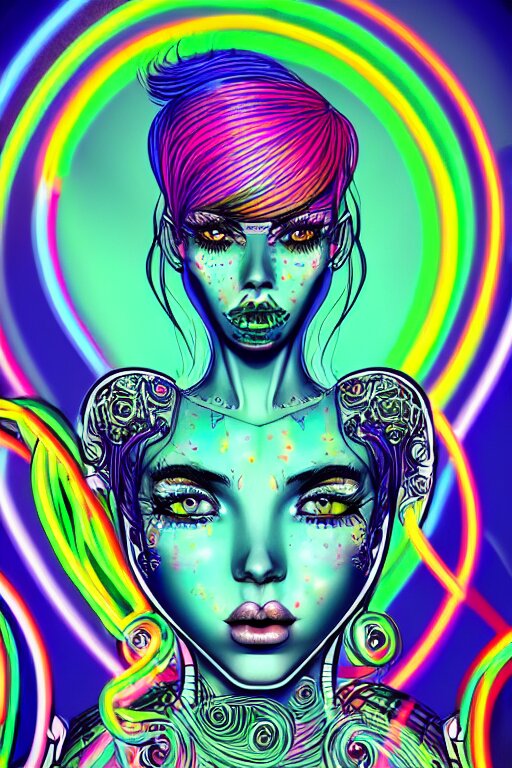 a award winning portrait of a beautiful woman with stunning eyes in a one off shoulder croptop and cargo pants with rainbow colored hair, outlined by whirling illuminated neon lines and fine lines swirling in circles by joe fenton, digital art, trending on artstation 