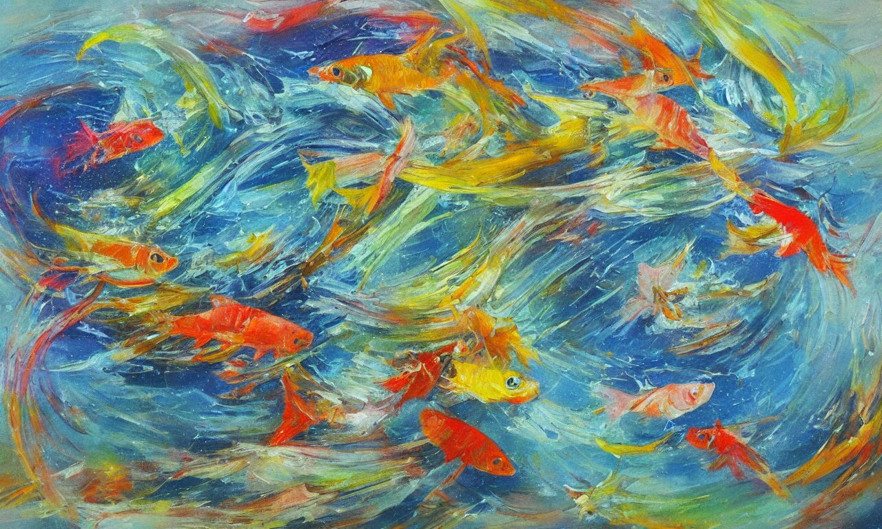 painting of splashing water, small fish, representation with abstraction, frenetic oil painting, values as flat shapes, pastel color pallet, 