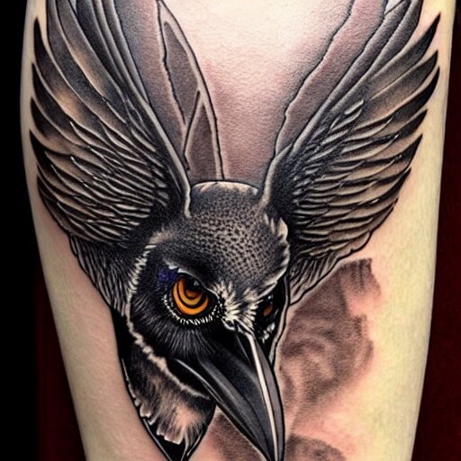 surreal image depicting a raven combined with a deer and an owl but is also actually a window into the ocean. Fine line tattoo art. dark fantasy, intricate detail.