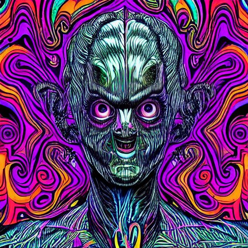 a psychedelic godlike humanoid, hyper detailed, in the style of rutkowski and junji ito and bob ross and lisa frank, selfie 