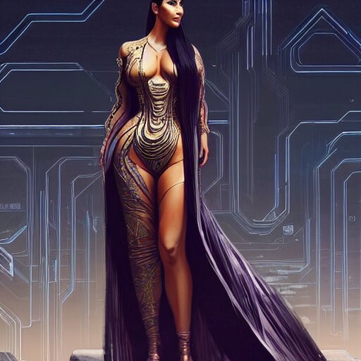 full body long shot of kim kardashian in a futuristic kimono, unreleased character concept art from cyberpunk 2 0 7 7, intricate, elegant, highly detailed, digital painting, artstation, concept art, smooth, sharp focus, illustration, art by artgerm and greg rutkowski and alphonse mucha 