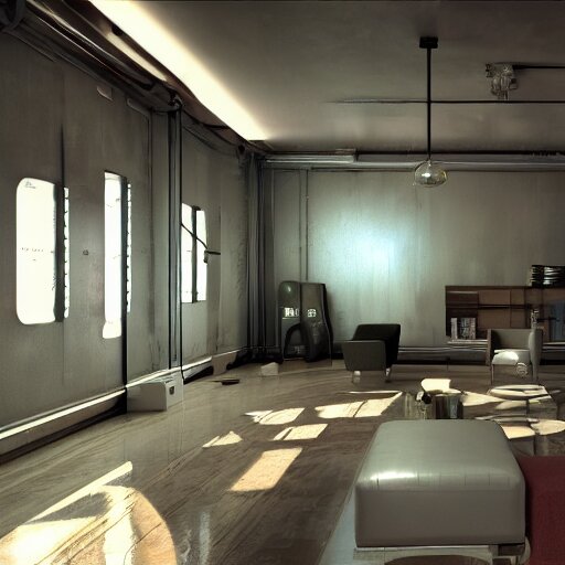 Sci fi living room engine room, electric wallpaper, unreal engine 5 tech demo, zillow interior, cool tint, metallic reflective, octane render, Frank Lloyd Wright ((Studio Ghibli))