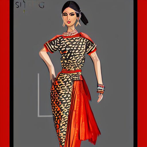 fashion designer color sketch illustration of a beautiful girl wearing modern stylish costume in the style of Assamese bihu mekhela sador design gamosa, elegant glamourous cosplay, unreal engine 8k, ornamental, intricate, sensual, highly detailed, artstation, golden ratio, sharp focus