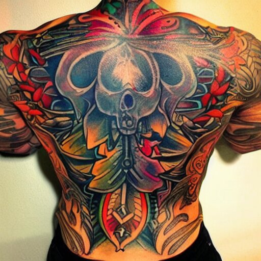 a picture of my new back tattoo of a muscular back, bright colorful ink 