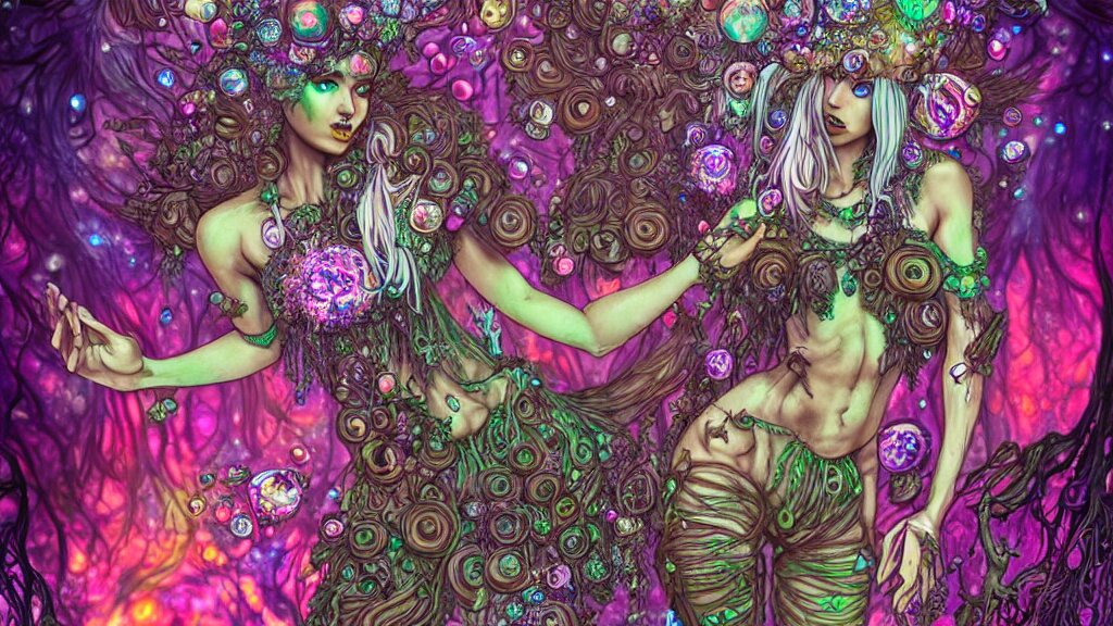 mushroom goddess, overgrown nature, dripping crystals, full body dynamic pose, attractive form, psychedelic dmt deity, high detailed illustration, cyber goth pin up girl, visionary art, fully colored and rendered 