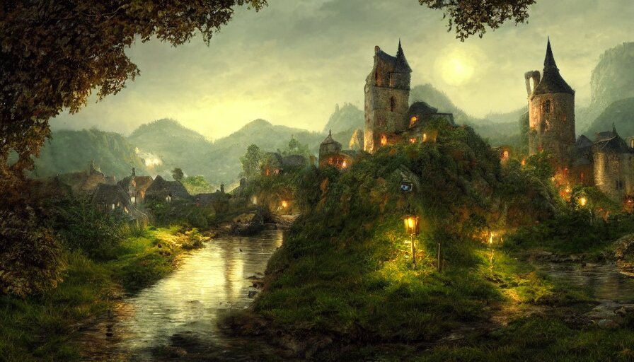 Realistic digital painting of uge English village with humongous king's castle built in green mountains at night, hyperdetailed, artstation, cgsociety, 8k