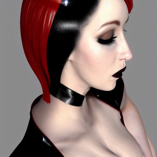 an elegant curvy feminine pale goth cutie wearing an elaborate latex-nylon-leather striped red-black-silver-gold neck-high dress, thin waist, cgsociety, photorealistic, 16k, smooth, sharp focus, trending on ArtStation, volumetric lighting, worksafe, sublime-comforting-intriuging ambience