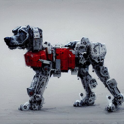 dog type mech made of white plastic art by jakub rozalski 