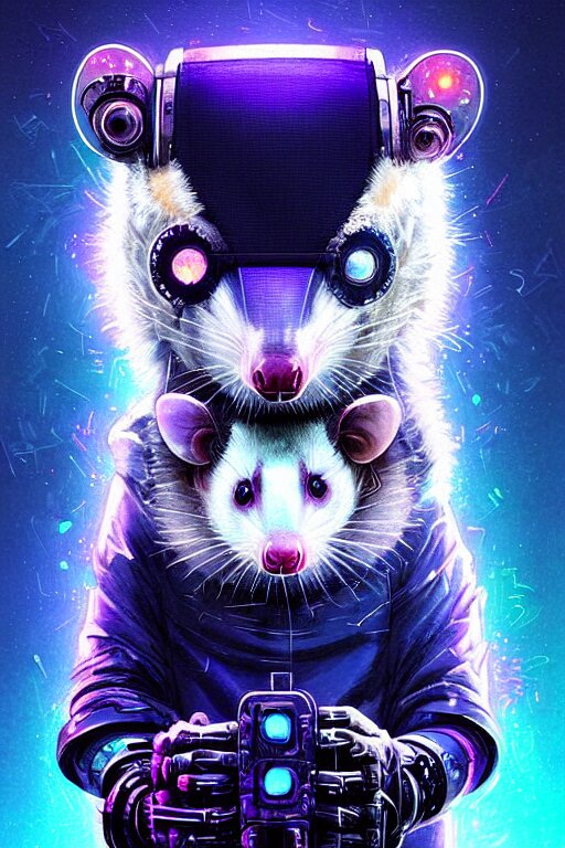 a beautiful portrait of a cute cyberpunk opossum aaaaaaaaaa by sandra chevrier and greg rutkowski and wlop, purple blue color scheme, high key lighting, volumetric light, digital art, highly detailed, fine detail, intricate, ornate, complex, octane render, unreal engine, photorealistic 