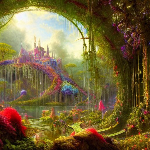 a beautiful and highly detailed matte painting of a beautiful dream palace in a magical fantasy forest garden, colorful flowers, psychedelic, epic scale, insanely complex, hyperdetailed, sharp focus, hyperrealism, artstation, cgsociety, 8 k, bright colors, by caspar friedrich, albert bierstadt, james gurney, brian froud, 