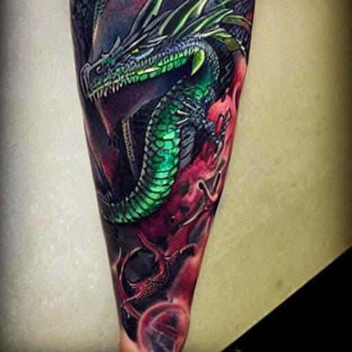 dark and vibrant fantasy dragon!!! drake wyvern, black and emerald dragon!!, forearm tattoo