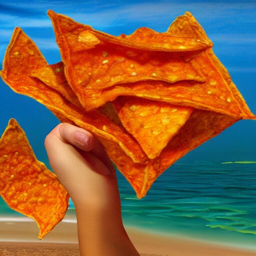 doritos chips with face and hands running at beach, high quality render, trending on art station 