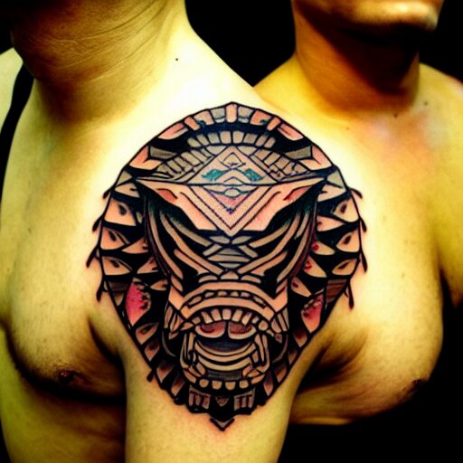 intricate japanese mayan yakuza tattoo, geometric dark animal tattoo, tattoo on upper arm