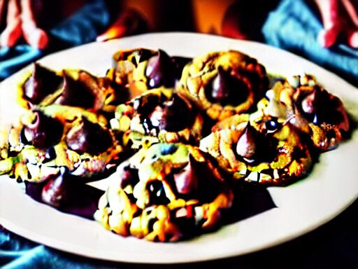 opulent banquet of plates of freshly baked chocolate chip cookies, jelly beans, chocolate sauce, marshmallows, highly detailed, food photography, art by rembrandt 