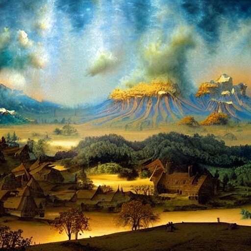 a beautiful painting renaissance painting by bob ross and lawlery botticello, panorama, psychedelic painting dark dusty village apparition, by bruce pennington and vincent jusko, watercolor, 2 d game art 