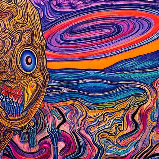 a hyper - detailed fine painting of the scream of paranoia and funny pain, cosmic horror psychedelic weird bizarre art 