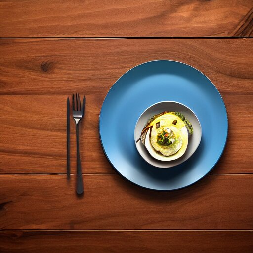 a hyperdetailed blue fork, 3 d render, ultra high detail, octane render, rtx, hdr, the fork is on a plate, the plate is on a wooden table. 