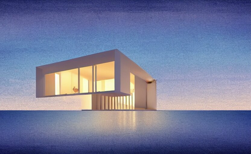 one single stand alone huge hyperdetailed minimalist home, seen from the long distance, at night. by the sea. maximalist unexpected elements. free sky in plain natural warm tones. 8 x 1 6 k hd mixed media 3 d collage in the style of a childrenbook illustration in pastel tones. matte matte background. no frame hd 