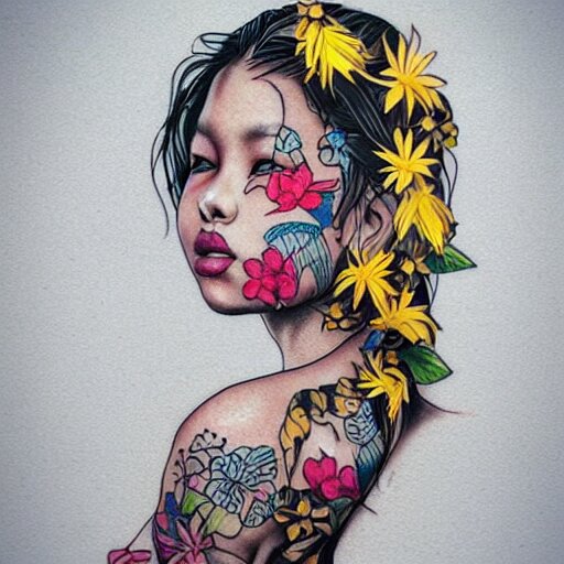 tattoo design, stencil, beach photography, tattoo stencil, traditional, beautiful portrait of a traditional Hawaiian girl with flowers in her hair, upper body, by artgerm, artgerm, artgerm, digital art, cat girl, anime eyes, anime, sexy, super model-s 100