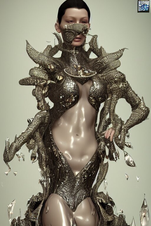 a highly detailed 3 d render painting of a beautiful alien goddess bella hadid in iris van herpen dress schiaparelli in diamonds in style of alphonse mucha trending on artstation made in unreal engine 4 