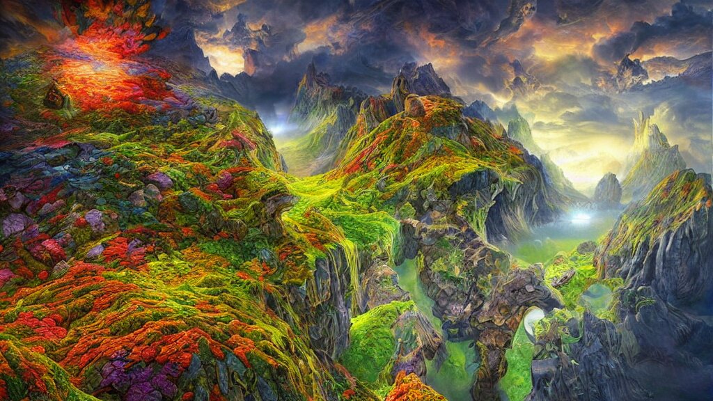 fantasy landscape with fractals in the styles of igor morski, jim warren, and m. c. escher, intricate, colorful, hyperrealistic, volumetric lighting 