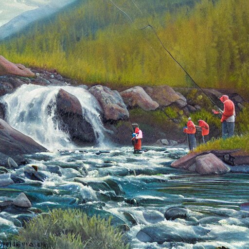 tardigrade fishing for salmon at Brooks Falls in Alaska, landscape painting by Moran and George Caitlin