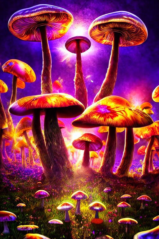 hyperrealistic portrait of melting hippies - epic cinematic mushrooms with psychedelic field of flowers, highly detailed smooth digital art masterpiece, pablo amaringo dramatic low light, ground angle uhd 8 k, sharp focus 