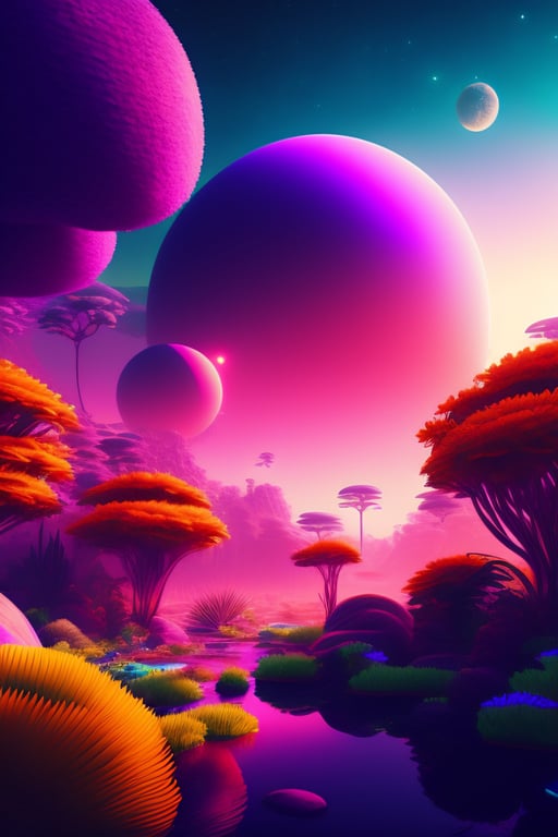Lexica - psychedelic forest with large mushrooms and nebula sky