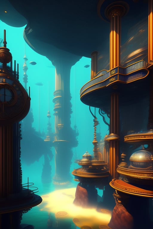 Lexica - Steampunk mechanical underwater city interior