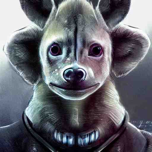 very cute baby cyborg hyena, realistic concept art, cyberpunk 