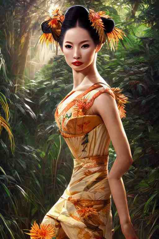 stunningly beautiful, peruvian geisha prima ballerina in jungle, symmetrical face, golden hour, smooth, focus, highly detailed, hyper realistic, dramatic lighting, elegant, intricate, concept art, art by wlop, mars ravelo, greg rutowski, artstation 