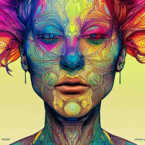 the head of a beautiful rainbow woman, an ultrafine detailed illustration by james jean, final fantasy, intricate linework, bright colors, behance contest winner, vanitas, angular, altermodern, unreal engine 5 highly rendered, global illumination, radiant light, detailed and intricate environment 