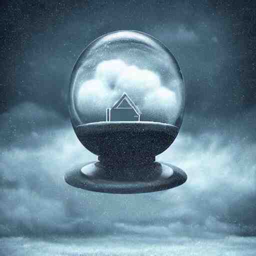 a rainstorm inside a snowglobe. Beautiful colorful clouds in moody greys and blues. High quality digital art, trending on artstation