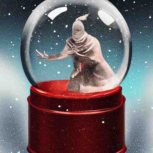 A snowglobe with a human trapped inside, the human is terrified banging on the glass, trending on artstation