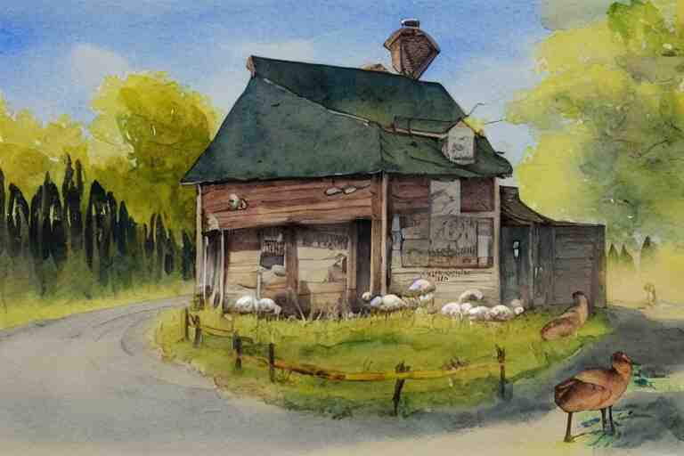 country road store goose watercolor trending on artstation 