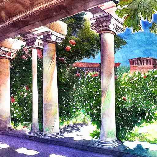 delicate garden on paper floating puffy vines botanical herbarium botanic watercolors iridescent 8 k wide angle realistic artstation italian rainbow colonnade oak pine liberty architecture pompeii 