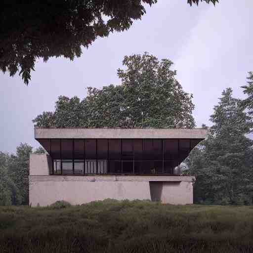 rectangular modernist house inspired by a tibetan palace, atrium, two levels, in a field, big trees, clouds, dramatic lighting, artstation, matte painting, raphael lacoste, simon stalenhag, frank lloyd wright, drone view 