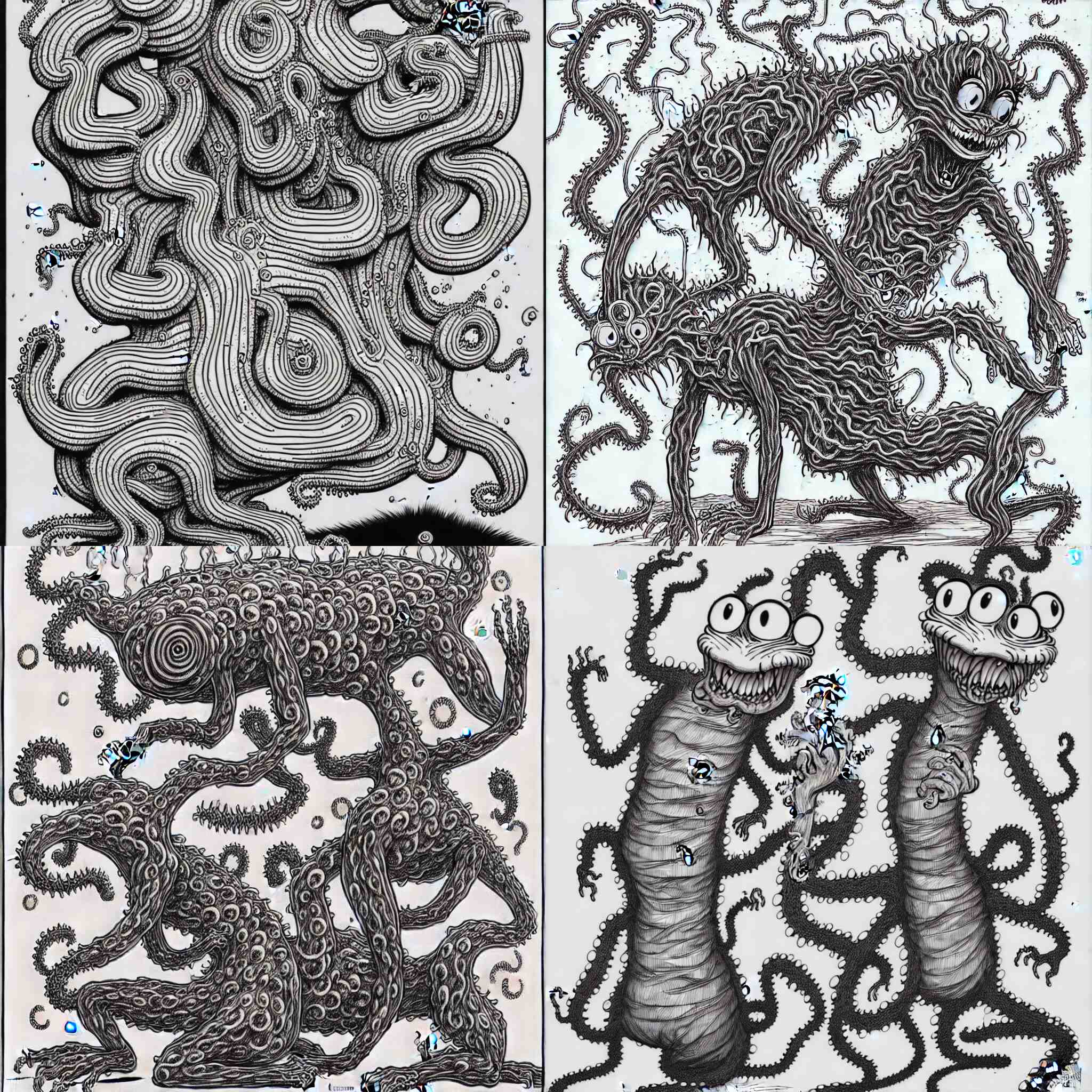 Garfield as an eldritch abomination, illustrated by Junji Ito, Lovecraftian, line art